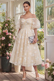 Off the Shoulder Floral Lilac Ruched A Line Wedding Guest Dress