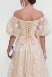 Off the Shoulder Floral Lilac Ruched A Line Wedding Guest Dress