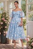 Off the Shoulder Floral Lilac Ruched A Line Wedding Guest Dress
