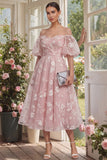 Off the Shoulder Floral Lilac Ruched A Line Wedding Guest Dress