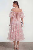 Off the Shoulder Floral Lilac Ruched A Line Wedding Guest Dress