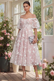 Off the Shoulder Floral Lilac Ruched A Line Wedding Guest Dress