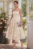 Strapless Floral Blue A Line Wedding Guest Dress