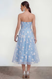 Strapless Floral Blue A Line Wedding Guest Dress