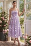 Strapless Floral Blue A Line Wedding Guest Dress