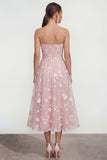 Strapless Floral Blue A Line Wedding Guest Dress