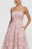 Strapless Floral Blue A Line Wedding Guest Dress