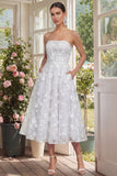 Strapless Floral Blue A Line Wedding Guest Dress