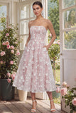 Strapless Floral Blue A Line Wedding Guest Dress