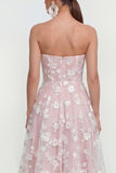 Strapless Floral Blue A Line Wedding Guest Dress