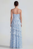 Blue Floral A Line Ruffled Maxi Wedding Guest Dress