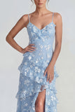 Blue Floral A Line Ruffled Maxi Wedding Guest Dress