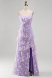 Blue Floral A Line Ruffled Maxi Wedding Guest Dress