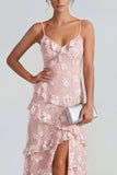 Blue Floral A Line Ruffled Maxi Wedding Guest Dress