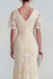 Floral Mermaid Ruched Short Sleeve Apricot Wedding Guest Dress