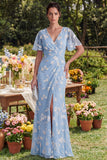 Floral Mermaid Ruched Short Sleeve Apricot Wedding Guest Dress