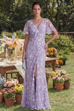 Floral Mermaid Ruched Short Sleeve Apricot Wedding Guest Dress