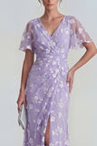 Floral Mermaid Ruched Short Sleeve Apricot Wedding Guest Dress