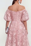 Floral Pink Off the Shoulder A Line Midi Wedding Guest Dress