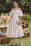 Floral Pink Off the Shoulder A Line Midi Wedding Guest Dress