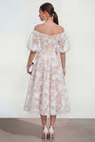 Floral Pink Off the Shoulder A Line Midi Wedding Guest Dress