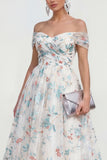 Off the Shoulder A Line White Floral Midi Wedding Guest Dress