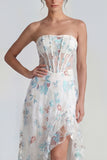 Strapless A Line White Floral Corset Wedding Guest Dress