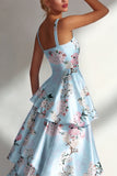 Tiered Blue Floral A Line Satin Wedding Guest Dress