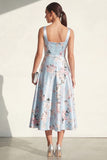 Pink Printed A Line Satin Midi Wedding Guest Dress