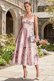 Pink Printed A Line Satin Midi Wedding Guest Dress