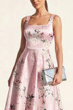 Pink Printed A Line Satin Midi Wedding Guest Dress