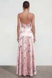 Floral Blue A Line Satin Ruffled Wedding Guest Dress