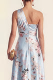 One Shoulder Ruched Pink Printed A Line Wedding Guest Dress