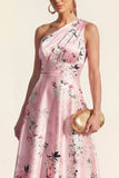 One Shoulder Ruched Pink Printed A Line Wedding Guest Dress
