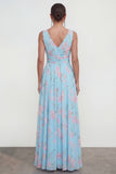 Blue Floral A Line V Neck Sleeveless Wedding Guest Dress