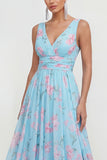 Blue Floral A Line V Neck Sleeveless Wedding Guest Dress