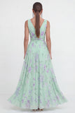 Blue Floral A Line V Neck Sleeveless Wedding Guest Dress