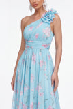 One Shoulder 3D Flower A Line Blue Floral Wedding Guest Dress
