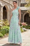 One Shoulder 3D Flower A Line Blue Floral Wedding Guest Dress