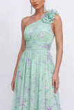 One Shoulder 3D Flower A Line Blue Floral Wedding Guest Dress