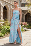 Strapless 3D Flower Ruched A Line Green Wedding Guest Dress