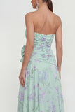 Strapless 3D Flower Ruched A Line Green Wedding Guest Dress