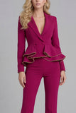 2 Piece Ruffled Fuchsia Slim Fit Women Suits