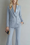 Blue 2 Piece Peaked Lapel Double Breasted Women Suits