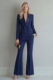 Blue 2 Piece Peaked Lapel Double Breasted Women Suits