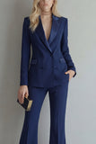 Blue 2 Piece Peaked Lapel Double Breasted Women Suits