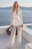 3D Flowers White Peaked Lapel Burnout Satin Women Suits
