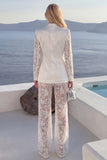 3D Flowers White Peaked Lapel Burnout Satin Women Suits