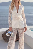 3D Flowers White Peaked Lapel Burnout Satin Women Suits