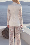 3D Flowers White Peaked Lapel Burnout Satin Women Suits